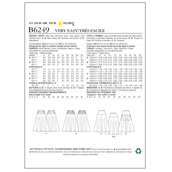 Schnittmuster Butterick 6249 Rock, Gr. 32-40