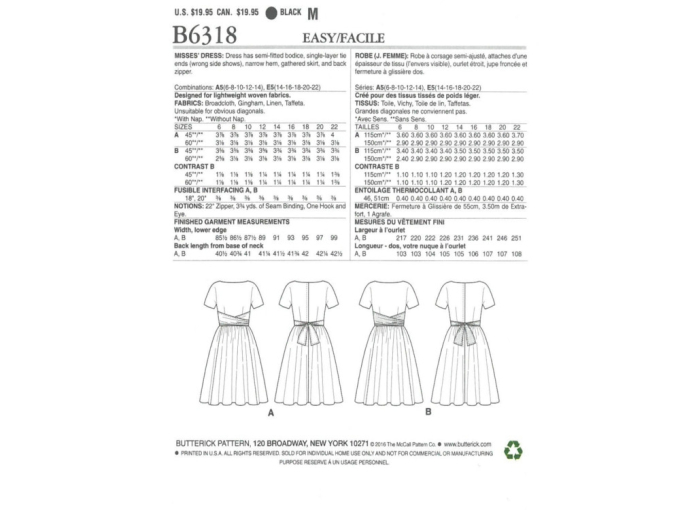 Patron Butterick 6318 robe, en français