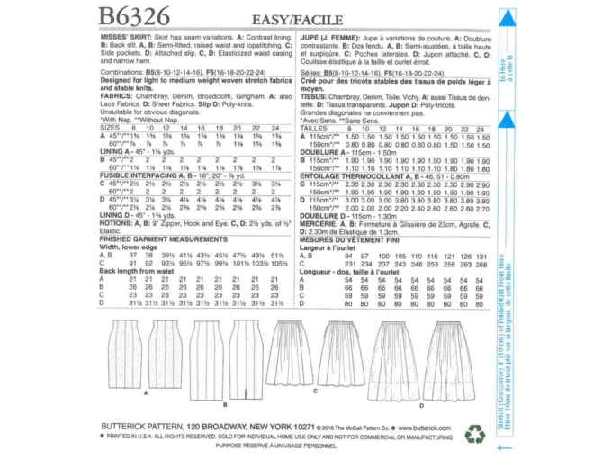Patron Butterick 6326 jupe, en français