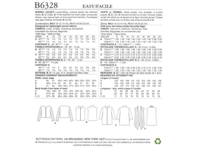 Pattern Butterick 6328 Misses' Jasje, Dui/En/Fr