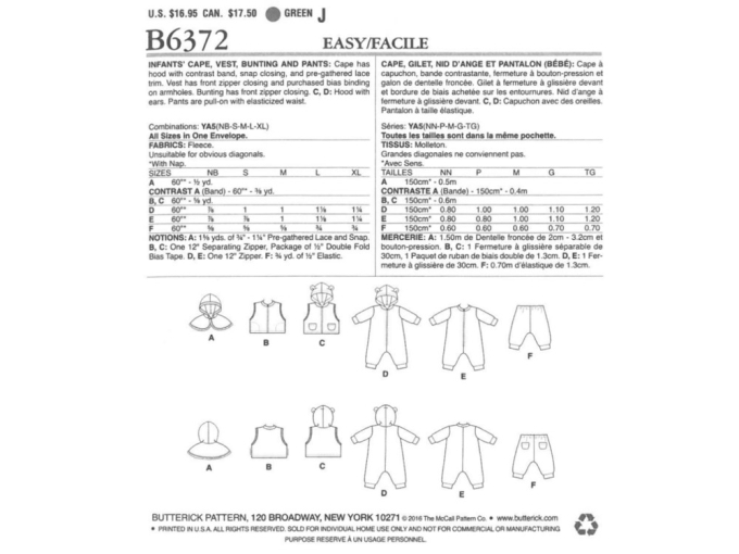 Patron Butterick 6372 combinaison bébé, en français
