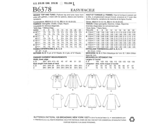 Pattern Butterick 6378 Misses' Shirt, Dui/En/Fr