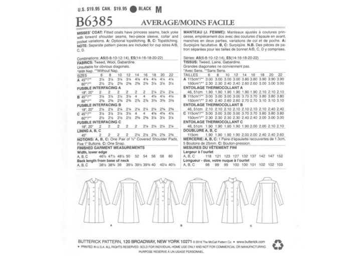Patron Butterick 6385 manteau, en français