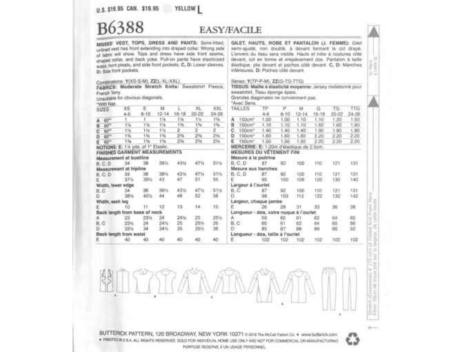 Naaipatroo nButterick 6388 damescombi, maat 32-40, Dui/En/Fr
