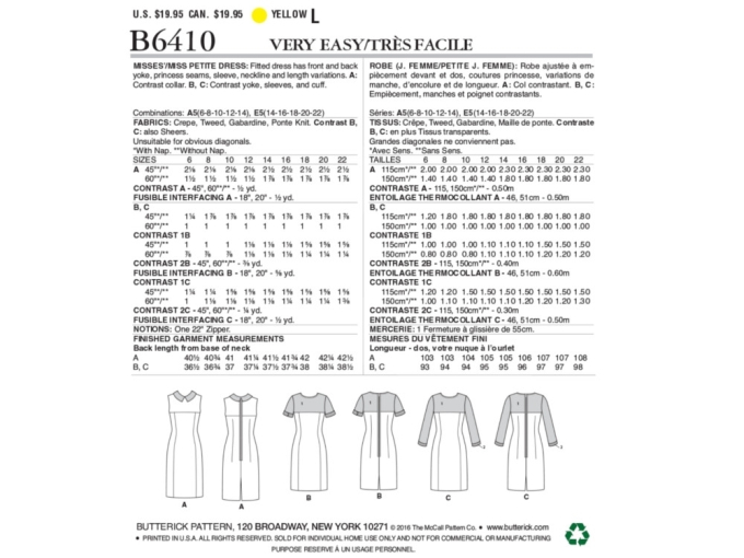 Patron Butterick 6410 robe, taille 32-40, en français