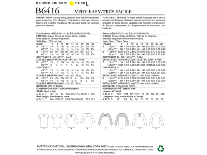 Pattern Butterick 6416 Misses' Tunic, Dui/En/Fr