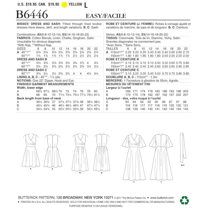 Patron Butterick 6446 robe, taille 32-40, en français