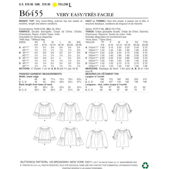 Naaipatroon Butterick 6455 tuniek, Gr. 42-50, Dui/En/Fr