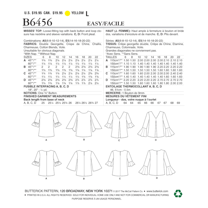 Naaipatroon Butterick 6456 shirt, maat 32-40, Dui/En/Fr