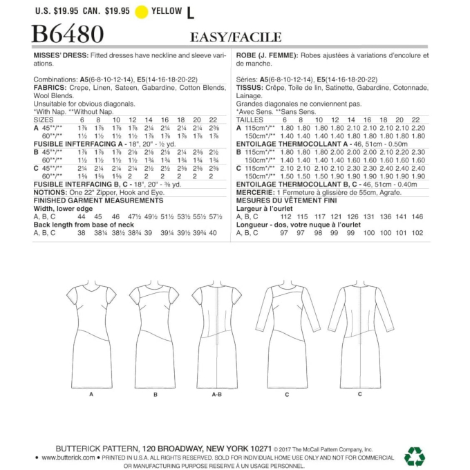 Patron Butterick 6480 robe, taille 40-48, en français
