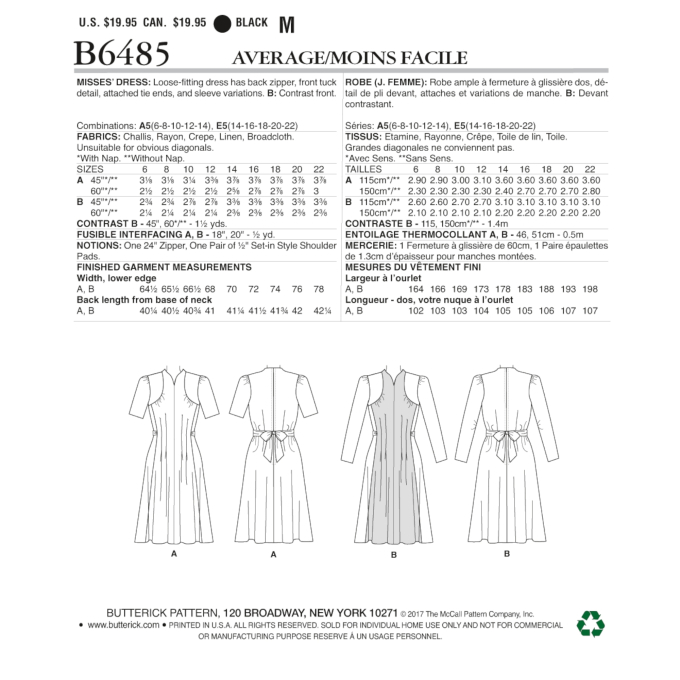 Patron Butterick 6485 robe, taille 40-48, en français
