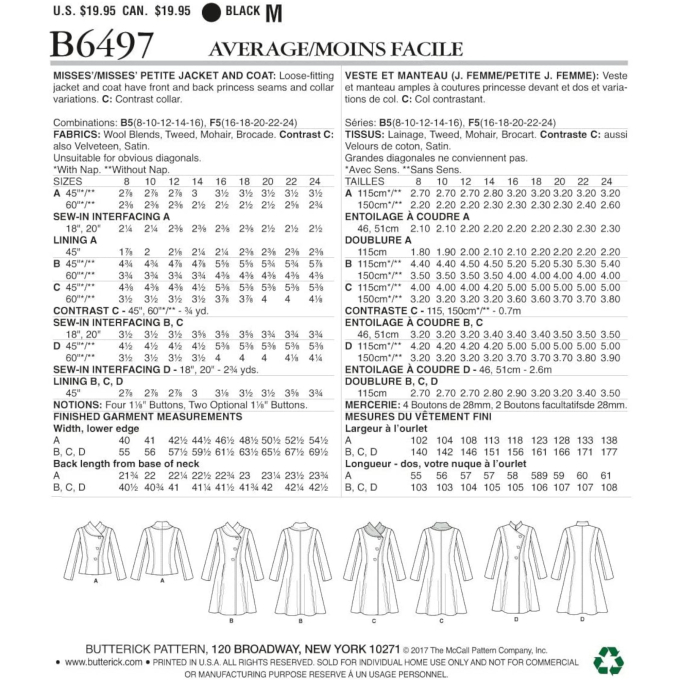 Patron Butterick 6497 veste, taille 34-42, en français