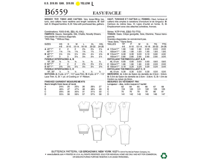 Patron Butterick 6559 haut, tunique, caftan, en français