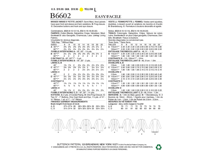 Patron Butterick 6602 veste, en français