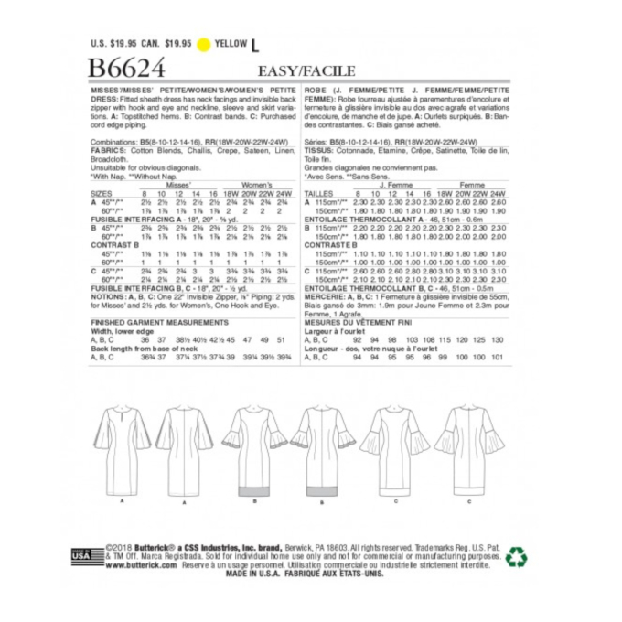Patron Butterick 6624 robe, taille 44-50, en français