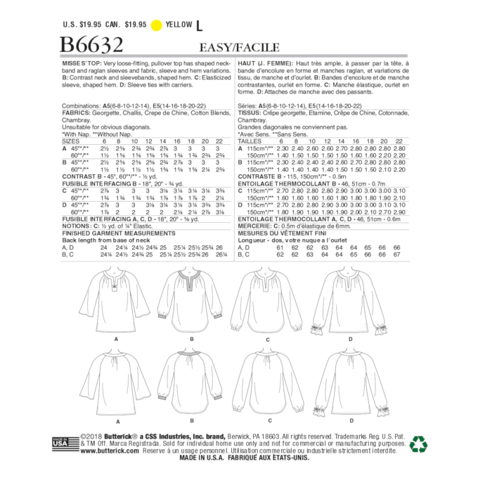 Naaipatroon Butterick 6632 tuniek, maat 40-48, Dui/En/Fr