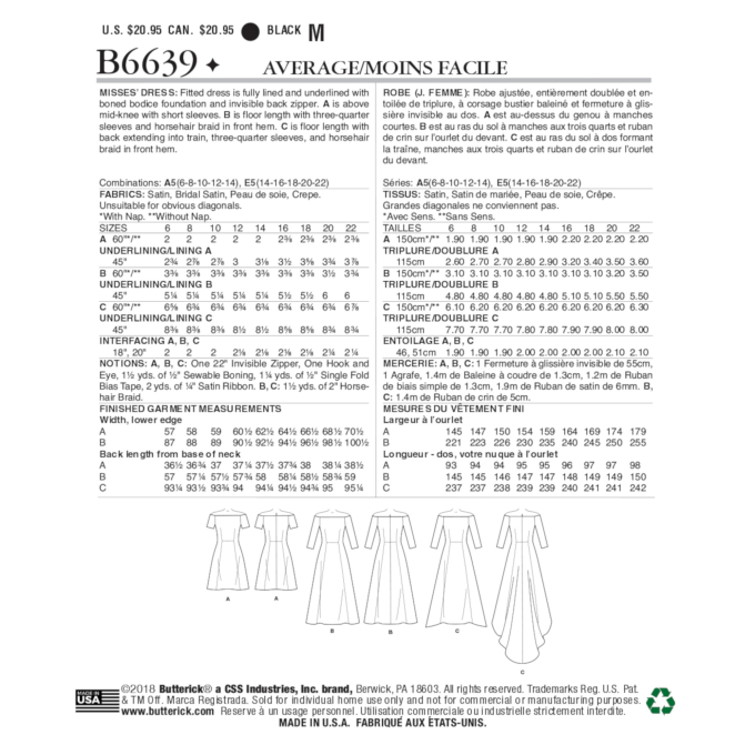 Patron Butterick 6639 robe, taille 32-40, en français