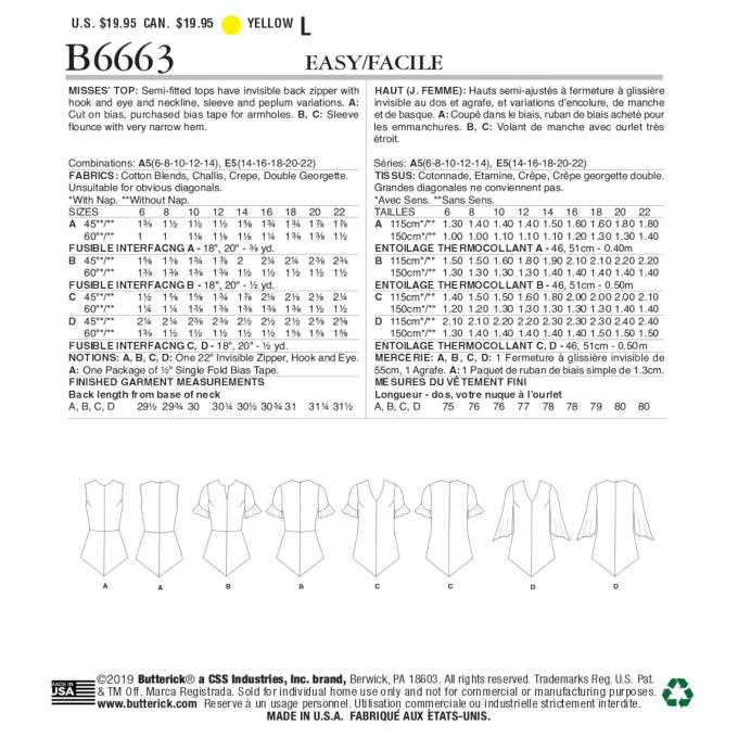 Naaipatroon Butterick 6663 shirt, maat 40-48, Dui/En/Fr