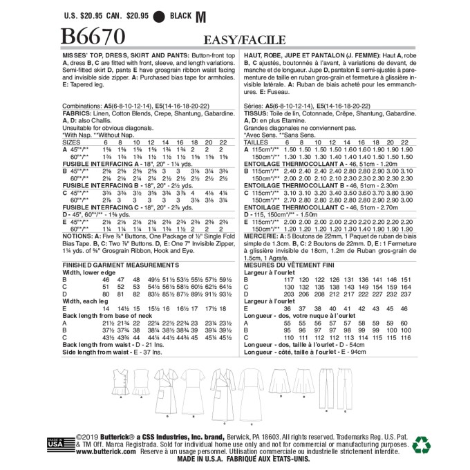 Naaipatroon Butterick 6670 combinatie, maat 40-48, Dui/En/Fr
