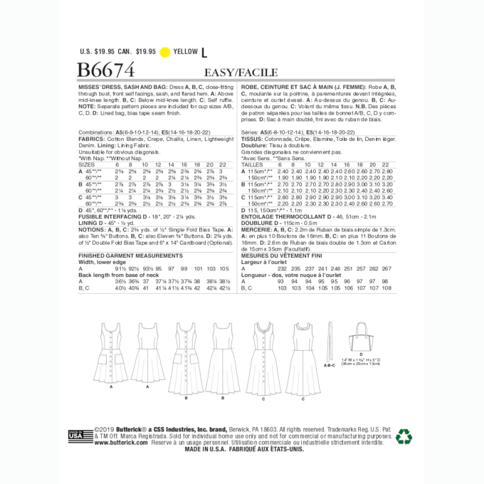Patron Butterick 6674 robe, taille 40 - 48, en français
