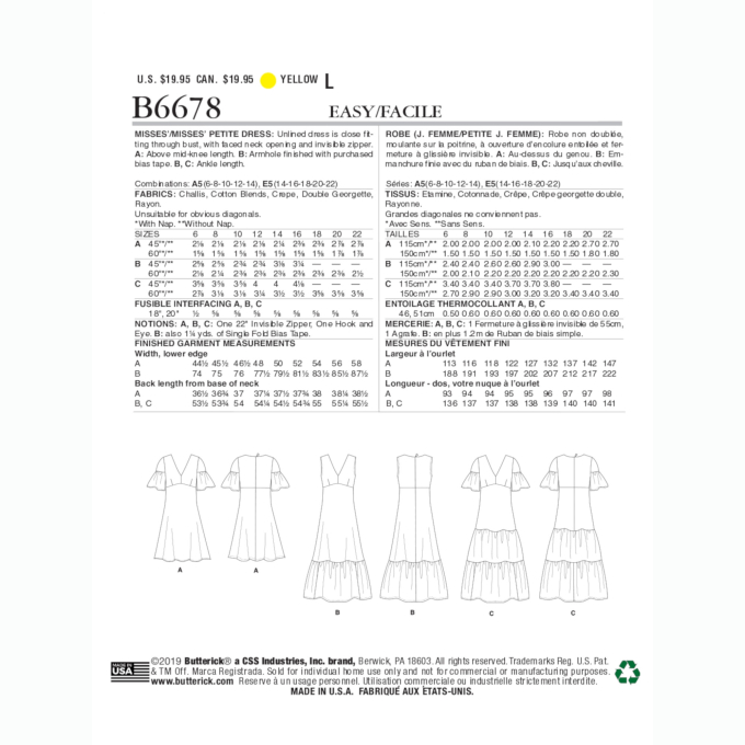 Patron Butterick 6678 robe, taille 40 - 48, en français