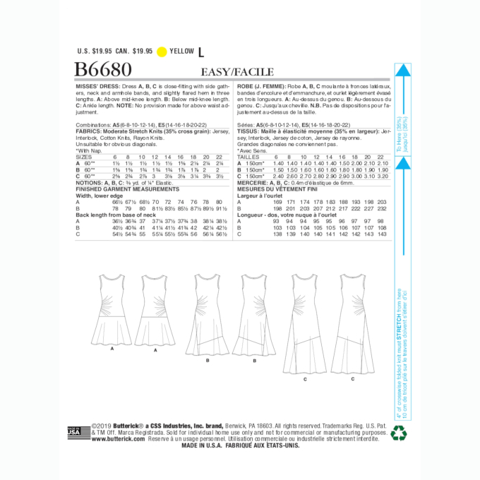 Patron Butterick 6680 robe, taille 40 - 48, en français