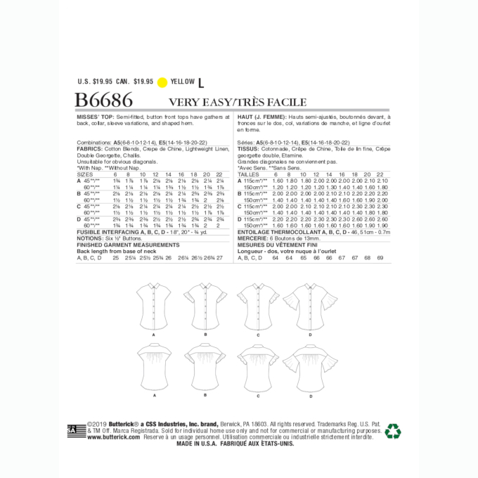 Naaipatroon Butterick 6686 blouse, maat 32 - 40, Dui/En/Fr