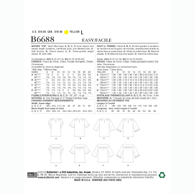 Naaipatroon Butterick 6688 blouse, maat 40 - 48, Dui/En/Fr