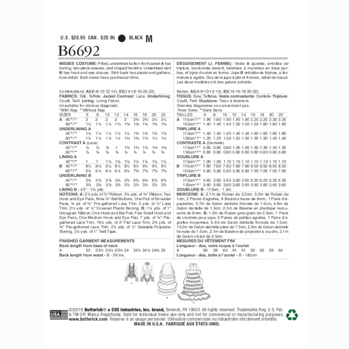 Patron Butterick 6692 robe historique, taille 40 - 48, en français