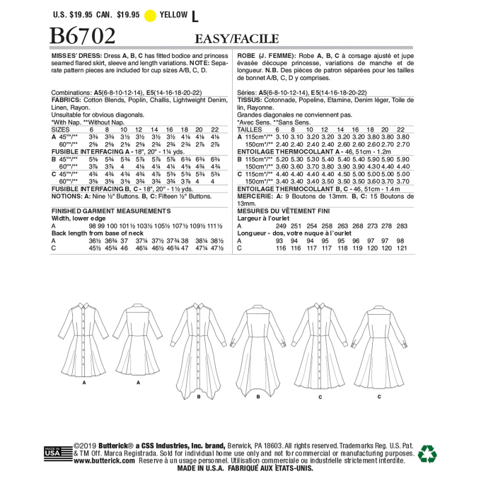 Patron Butterick 6702 robe, taille 32-40, en français
