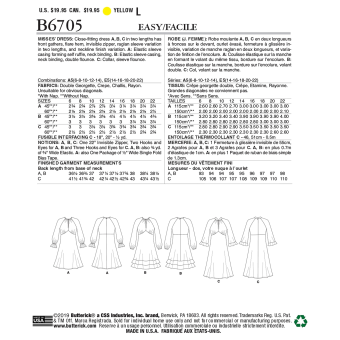 Patron Butterick 6705 robe, taille 40-48, en français