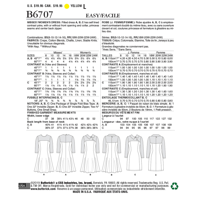 Patron Butterick 6707 robe, taille 34-42, en français
