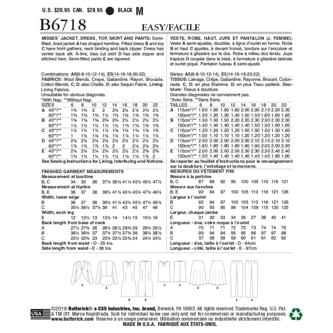 Patron Butterick 6718 combinaison , taille 40-48, en français