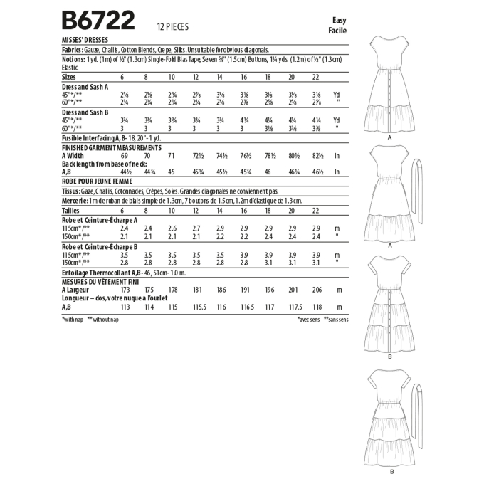 Patron Butterick 6722 robe, taille 40-48, en français