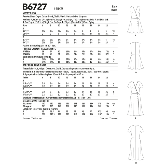 Patron Butterick 6727 robe, taille 40-48, en français
