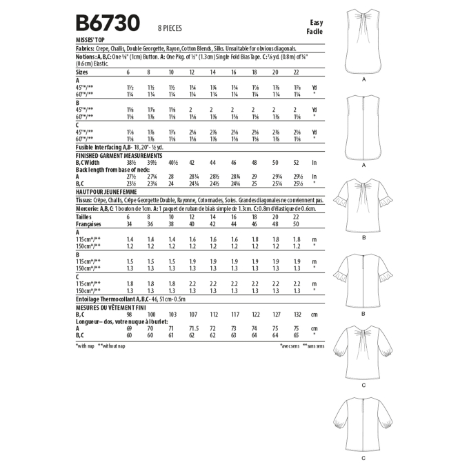 Patron Butterick 6730 robe, taille 32-40, en français
