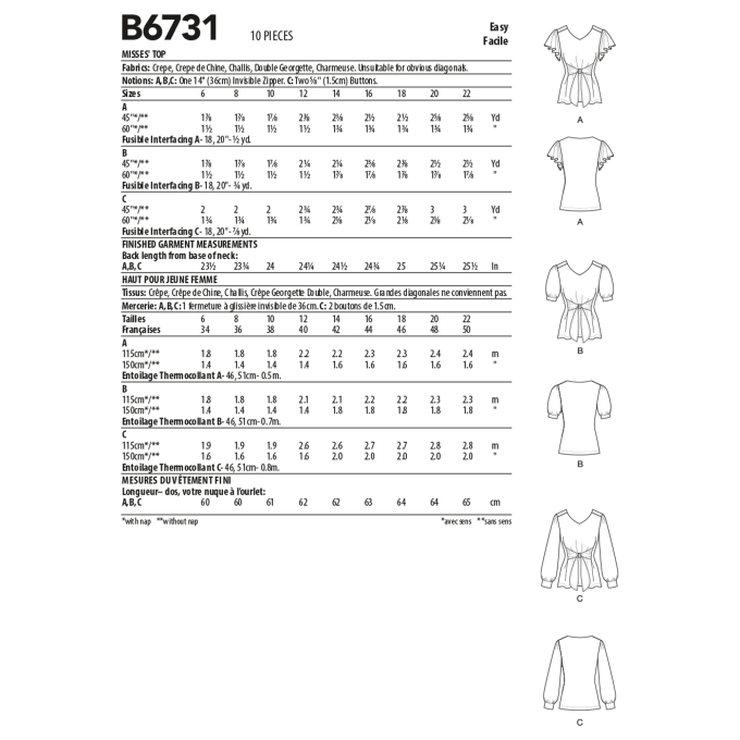 Patron Butterick 6731 blouse, taille 32-40, en français