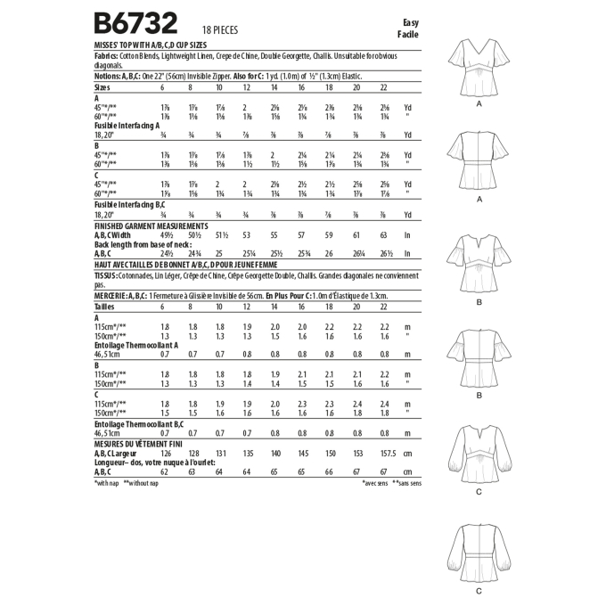 Patron Butterick 6732 blouse, taille  40-48, en français