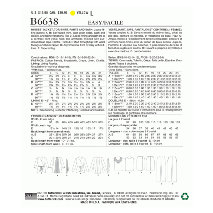 Patron Butterick 6736 jupe , taille 32-40, en français