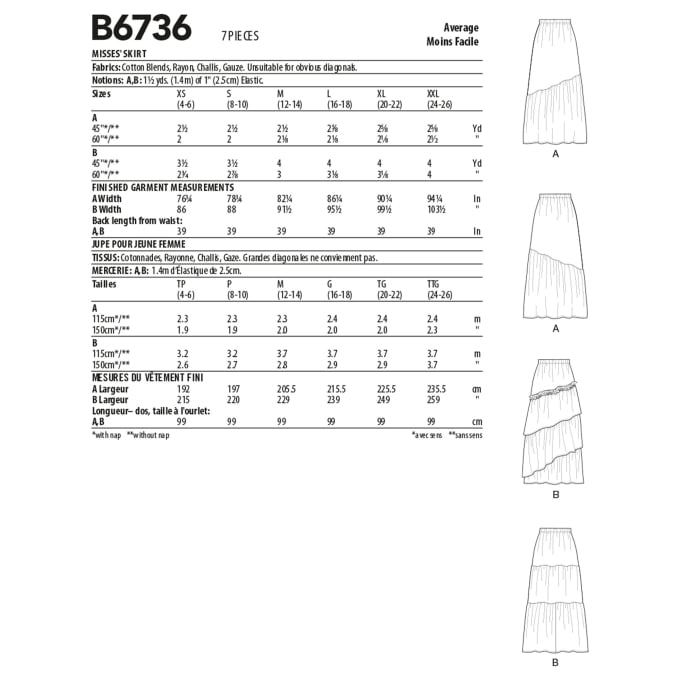 Patron Butterick 6736 jupe , taille 42-50, en français