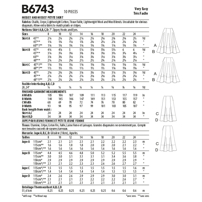 Patron Butterick 6743 jupe , taille 32-40, en français