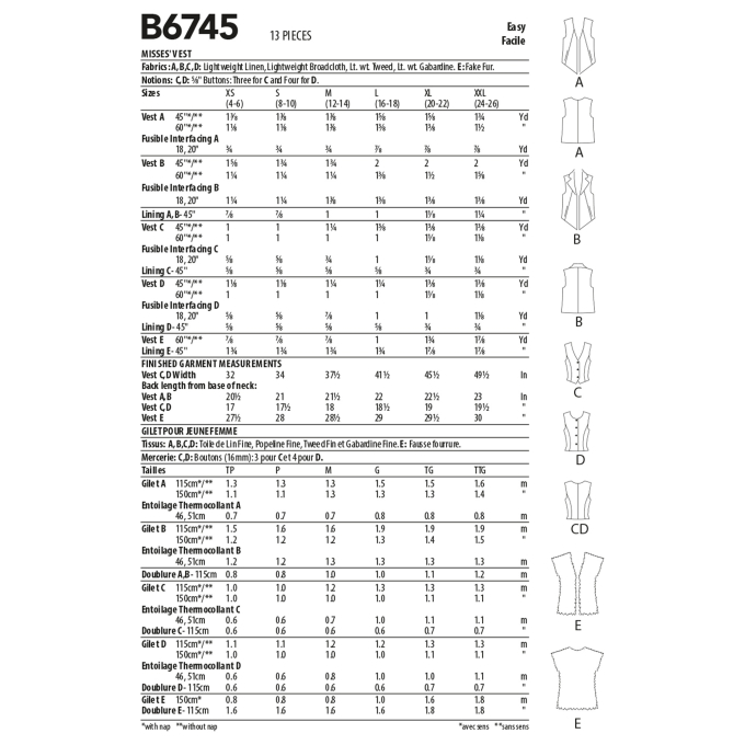 Patron Butterick 6745 veste, taille 32-40, en français