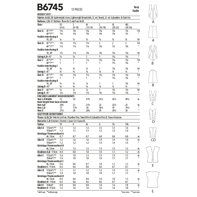 Patron Butterick 6745 veste, taille 42-50, en français