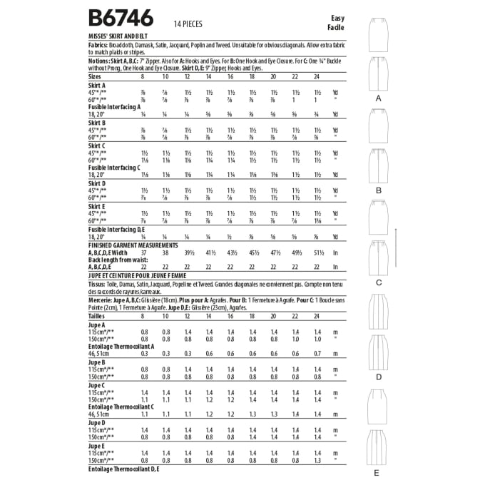 Patron Butterick 6746 jupe, taille 42-50, en français
