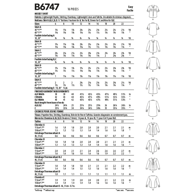 Patron Butterick 6747 blouse, taille 32-38, en français