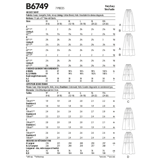 Patron Butterick 6749 jupe, taille 32-40, en français