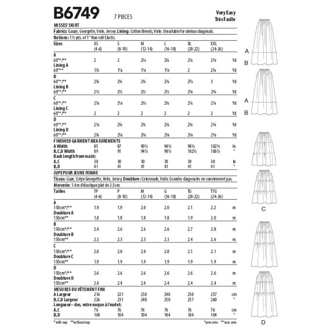 Patron Butterick 6749 jupe, taille 42-50, en français