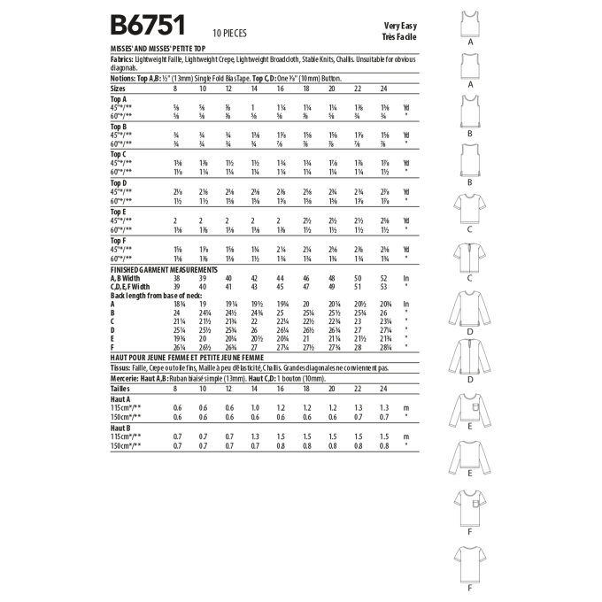 Patron Butterick 6751 blouse, taille 34-42, en français