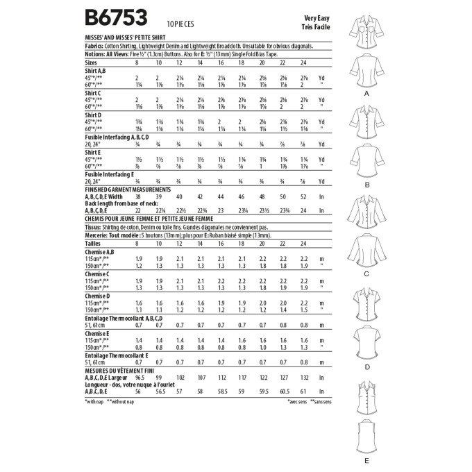 Patron Butterick 6753 blouse, taille 34-42, en français