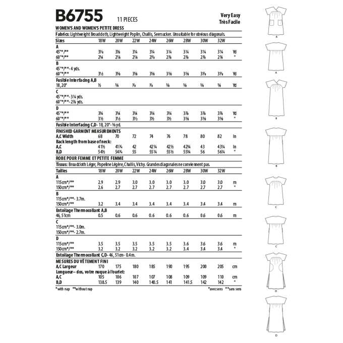Naaipatroon Butterick 6755 jurk, maat 52-58, Dui/En/Fr